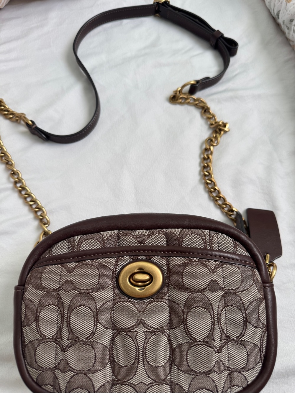 CoachSignature Monogram Brown Crossbody Bag with Gold Chain